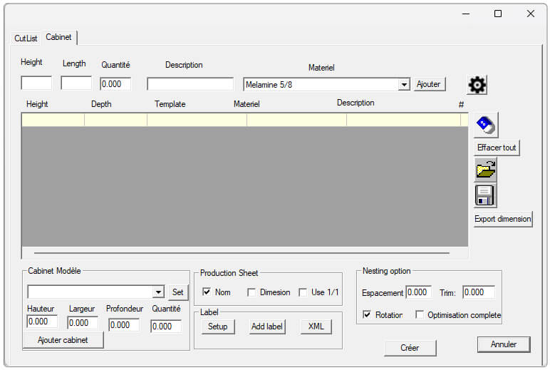 WinPCSIGN CNC - Interface du Module Cabinet - Paramétrisation hauteur, longeur, largeur